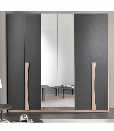 Armadio Lucrezia in legno 6 ante battenti con specchio Grigio e Noce
