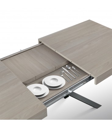 Tavolo base in metallo Nero, Piano Finitura Olmo Perla con 2 allunghe