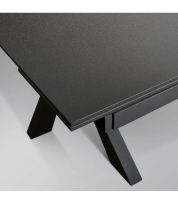 Tavolo Piano in Vetro Ceramica e Gambe Incrociate nero effetto pietra