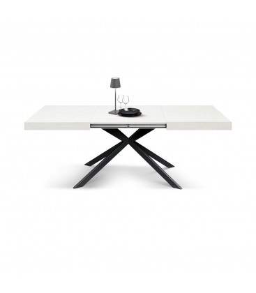 Tavolo Base in metallo colore Nero, Piano Finitura Olmo perla con 2 allunghe