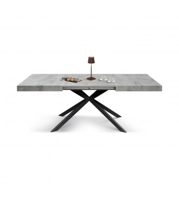 Tavolo Base in metallo colore Nero, Piano Finitura Olmo perla con 2 allunghe