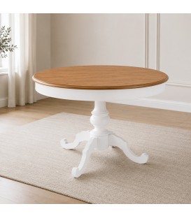 Tavolo rotondo Camelia allungabile bianco con piano rovere patinato