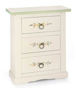 Comodino 3 cassetti shabby bianco lucido con decori