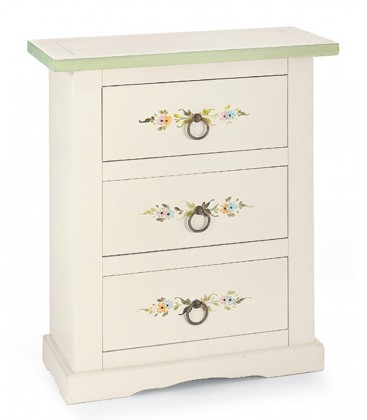 Comodino 3 cassetti shabby bianco lucido con decori