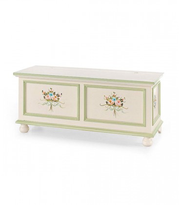 Cassapanca 120 cm in legno con piedi a cipolla Bianco Lucido con Decori