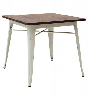 Tavolo quadrato in metallo bianco con piano in legno