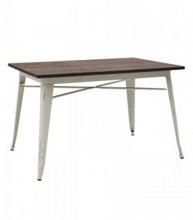 Tavolo rettangolare in metallo bianco con piano in legno