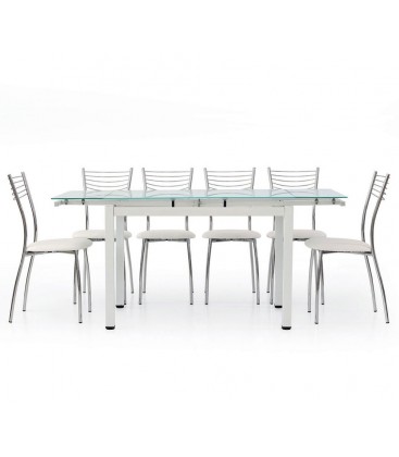 Set Tavolo bianco rettangolare allungabile in vetro + 4 Sedie in acciaio