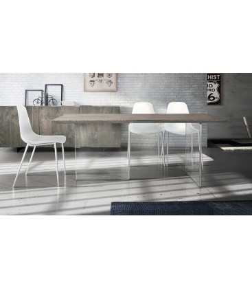 Tavolo fisso piano in legno con base in vetro