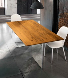 Tavolo fisso piano in legno massello rovere nodato con base in vetro