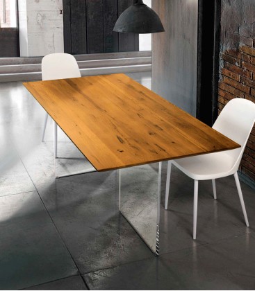Tavolo fisso piano in legno massello rovere nodato con base in vetro