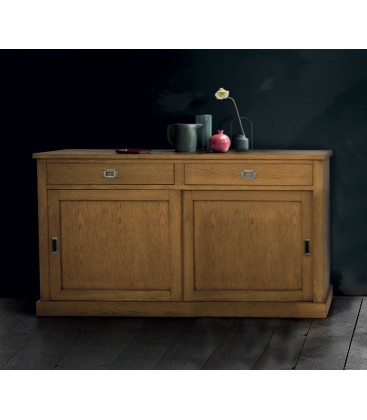 Credenza in Legno con Due Ante Scorrevoli Due Cassetti Rovere Nodato