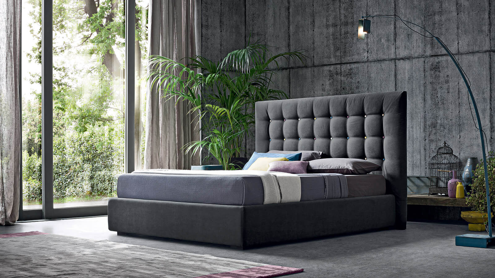 Letto contenitore testata imbottita a quadroni