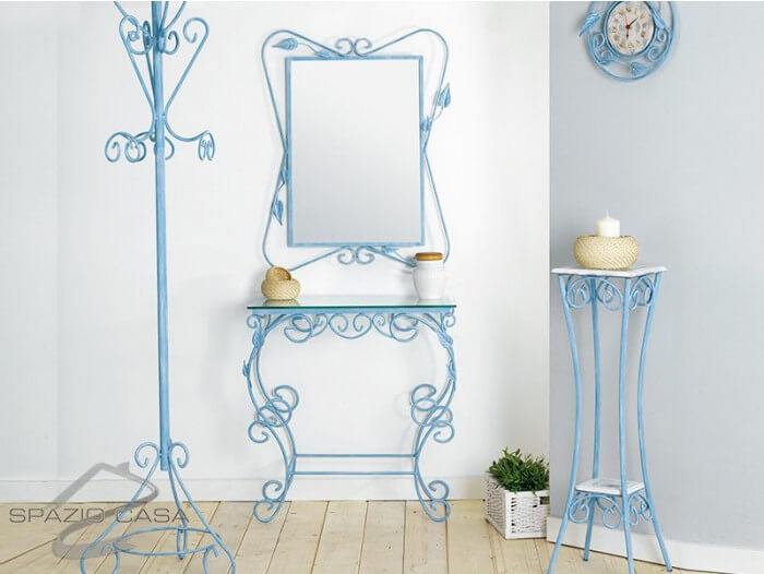 Completo arredo ingresso ferro battuto azzurro shabby chic